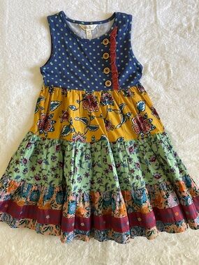 Matilda Jane Navy, Yellow & Green Floral Tiered Dress SZ 6